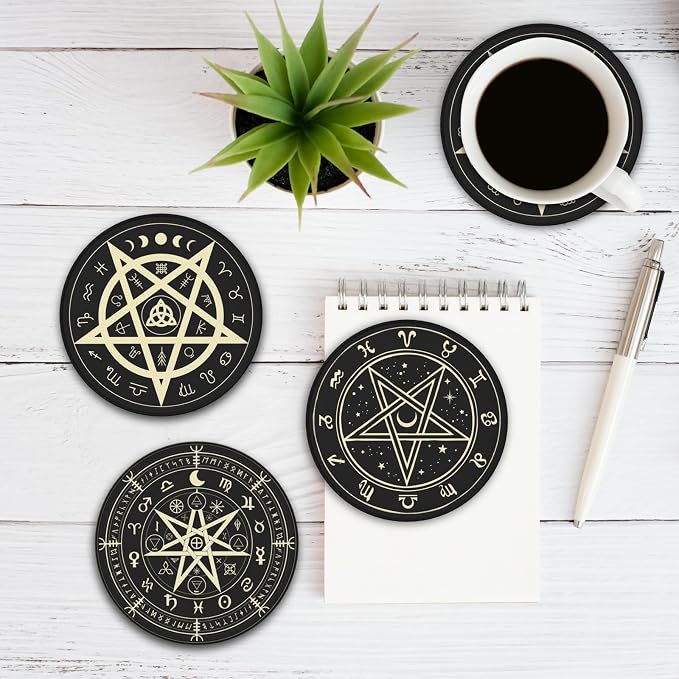 Celtic Wiccan Magic Pentagrams Leather Drinks Coasters - Image 3
