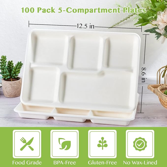 Compostable Disposable 5 Compartment Paper Plates, 12.5inch | 100 Pack - Image 2