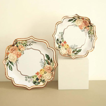 50 Pack 10" White/Rose Gold Floral Print Scallop Rim Dinner Plates, Disposable Round Paper Party Plates 300 GSM for Festive Table Decoration