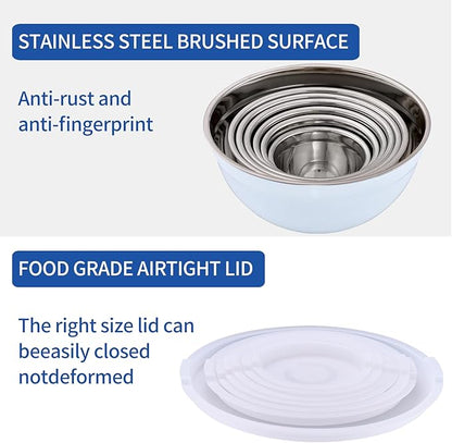 White Mixing Bowls with Airtight Lids, Stainless Steel Nesting Mixing Bowls Set of 7, Ideal for Baking, Prepping and Serving Food, Size 7, 3.6, 2.7, 2.1, 1.5, 1.1,0.8 QT, Stackable Design