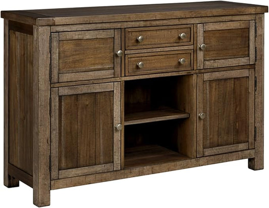 Signature Design by Ashley Moriville Vintage Casual Dining Room Buffet or Server with 4 Cabinets & Center Display Shelf, 2 Drawers, Wood, 56" Wide, Brown