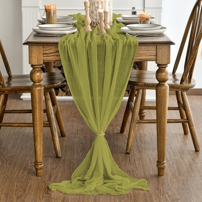Artoid Mode Boho Cheesecloth Gauze Grass Green Wedding Table Runner, 120 Inch - Image 3