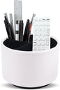 Hennaja Round Leather Art Supply Organizer,Remote Control Holder,360 Degree Spinning,Multi-Functional Pencil Holder,4 Compartments Desktop Stationary Organizer(1-Lichee White)