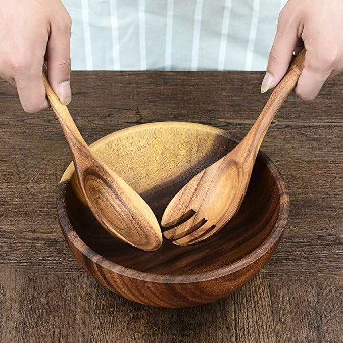 Wooden Salad Servers, 10.2" Acacia Wood Salad Fork & Spoon - Image 8