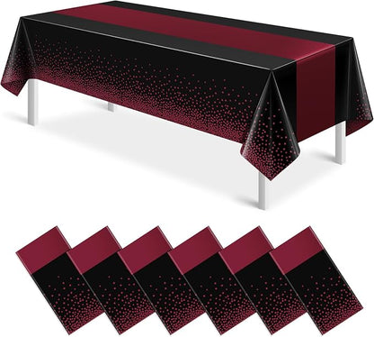 MASHAN 6Pcs Black Maroon Tablecloths, Rectangular Plastic Table Covers by MASHAN