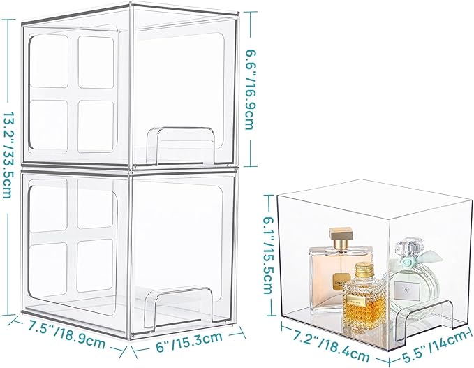 Vtopmart 6 pack Stackable Storage Drawers, 6.6''Tall Acrylic Bathroom Makeup Organizers,Clear Plastic Drawers For Vanity, Undersink, Kitchen Cabinet,Pantry Organization and Storage