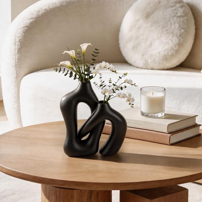 Dowan Black Vases for Decor, Hollow Ceramic Vase Set of 2, 8.3" Nordic Modern - Image 4