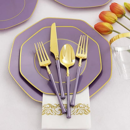 KIRE 140Pcs Purple Plates with Gold Rim - Image 4