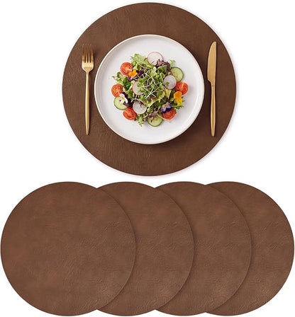 Artoid Mode Brown Faux Leather Placemats Set of 4, 15 Inch Waterproof Wipeable Heat Resistant Vinyl Place Mats, Reversible Table Mats for Kitchen Dining Decor