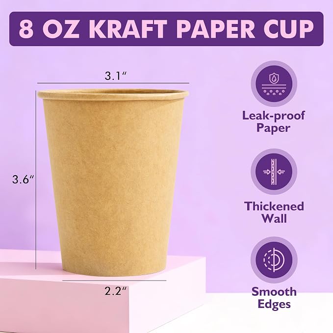 200 Pack 8oz Kraft Coffee Cups, Hot Coffee Cups & Cold Coffee Cups, Food-Safe - Image 4