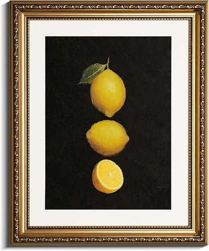 InSimSea Gold Framed Wall Art, Lemon Kitchen Wall Shelf Decor, Dark Moody Still Life Canvas Print Art, Dining Room Farmhouse Decor, Antique Paintings with Picture Frame 13x16inch