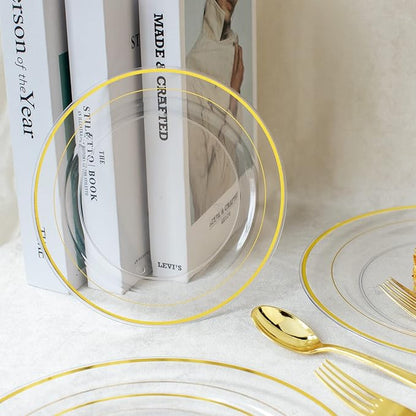 I00000 60 Pcs Clear Gold Plastic Plates, Gold Disposable Plates Includes: 30 Dinner Plate 10.25" and 30 Dessert Plate 7.5 ", Premium Clear Plate Prefect for Wedding and Gold Plates Party/Birthday