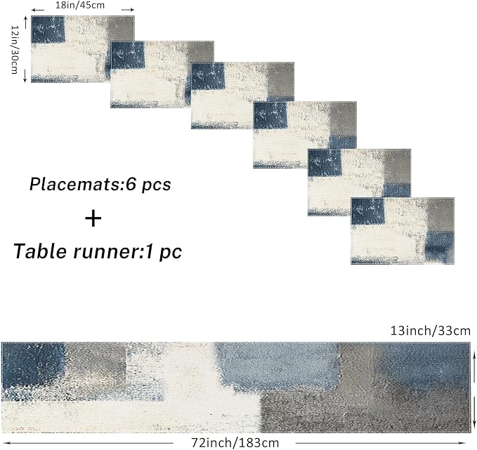 Table Runner and Placemats Set of 6, Abstract Farmhouse | Painting Blue Grey - Image 3
