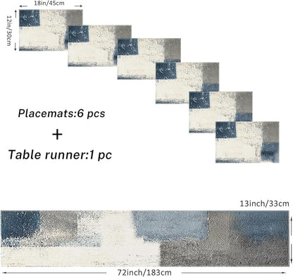 Table Runner and Placemats Set of 6, Abstract Farmhouse | Painting Blue Grey - Image 3