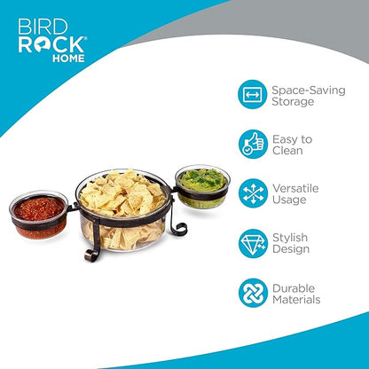 BIRDROCK HOME Chip and Dip Serving Bowl Set - Triple Glass Bowls with Metal Frame - for Party Appetizers, Taco Platter, Durable, Stylish Serveware with Compact Storage - Clear Glass, Black Frame