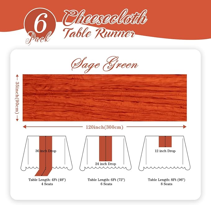 6 Pack Terracotta Cheesecloth Table Runner 35x120 Inch | 10Ft Rustic Boho Gauze - Image 4