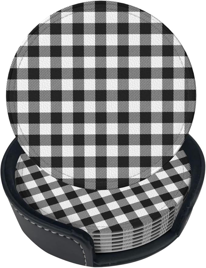 6 Pcs Black White Striped Plaid Leather Coasters by NiuKom