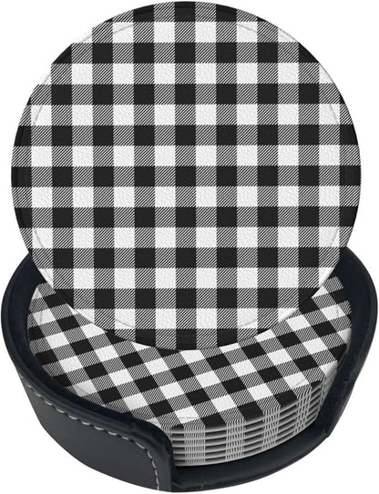 6 Pcs Black White Striped Plaid Leather Coasters by NiuKom