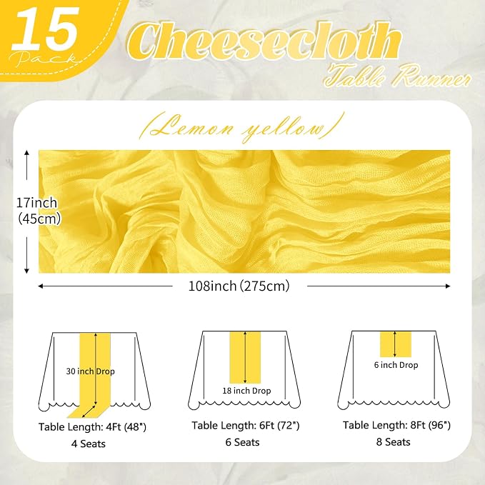 15 Pack Lemon Yellow Cheesecloth Table Runner 17 x 108 inch Cheese Cloth Table - Image 2