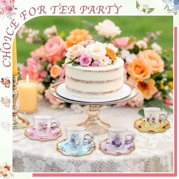 24 Sets Disposable Paper Tea Cups 7 OZ Floral Tea Party Cups | - Image 6