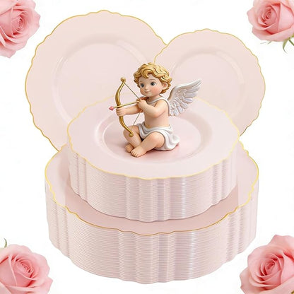 WDF 100pcs Pink Plastic Plates - High-end Baroque Design - Pink and Gold Plates for Upscale Party & Valentine's Day - Including 50 Disposable Plate 10.25inch, 50Salad Plate 7.5inch