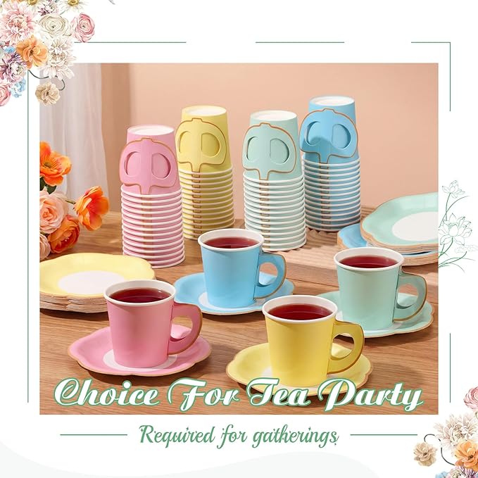 Umigy 36 Sets Pastel Tea Party Decorations 6.5 oz Paper Teacups & Saucer Set - Image 4