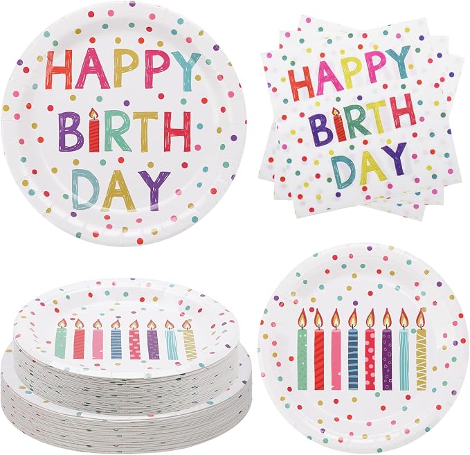 60PCS Birthday Plates and Napkins Set, Serve 20 | Rainbow Dot Party Supplies by BORAENDEY