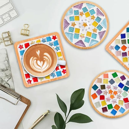 Adboros 10 Sets DIY Glass Mosaic Tiles for Crafts Mixed Color Mosaic Kits with Wooden Coaster for Adults Bamboo Coaster for Drinks Tray Handmade Home Decoration
