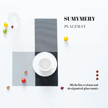 Placemats Set of 12 Vinyl/Plastic Woven Place Mats for Kitchen Table Indoor/Outdoor Washable Placemat Wipeable Dining Table Mats (Grey Grid,12)