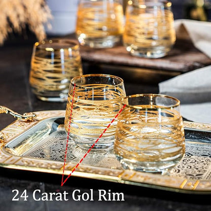 Gold Rim Cocktail Juice Water Wine Whiskey Drinking Glasses Set of 6 Glassware Rimmed Trim Crystal Cups Drinkware Drink Bar Fancy Party Wedding Decorative Style