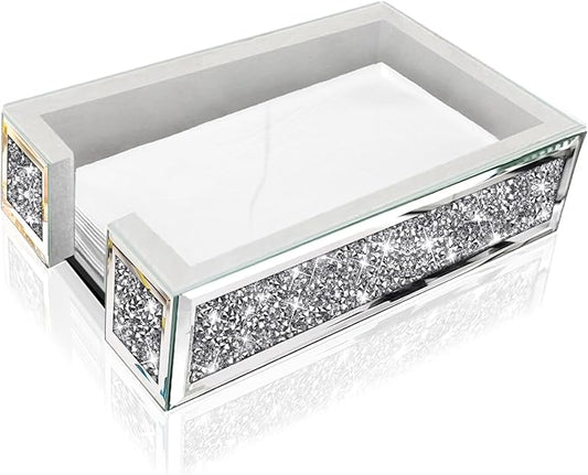 Wocred Mirror Guest Towel Napkin Holder,Crystal Crushed Diamond Dinner Napkin Holder for Dining Table,Rectangle Guest Disposable Towels Tray for Bathroom .(9.4”X5.7”X2.6”)