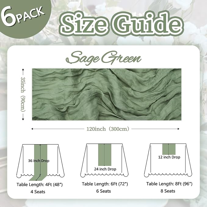 6 Pack Sage Green Cheesecloth Table Runner 35 x 120 Inch | Boho Gauze Cheese - Image 2