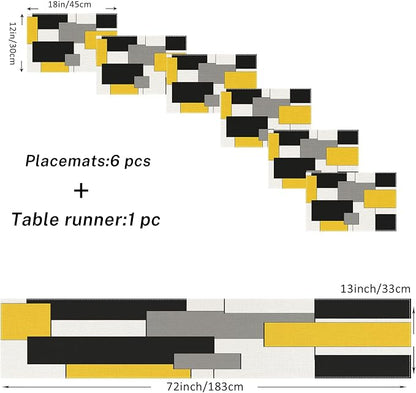 Table Runner and Placemats Set of 6, Abstract Geometric | Yellow Black Grey Art - Image 3