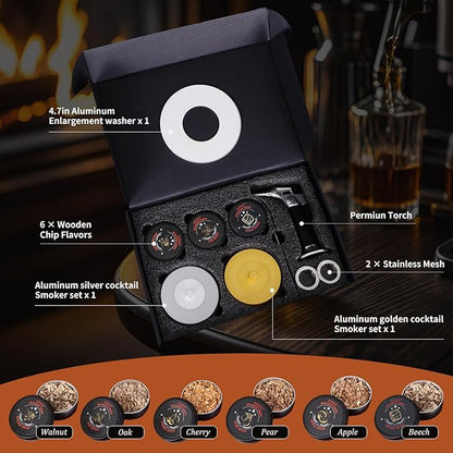 Cocktail Smoker Kit with Torch, 2 Pack Whiskey Smoker Kit Metal Old Fashioned Smoker kit, Birthday Bourbon Whiskey Gifts for Men Dad Husband, 4.7in Expansion Disk, 6 Flavors Wood Chips(No Butane)