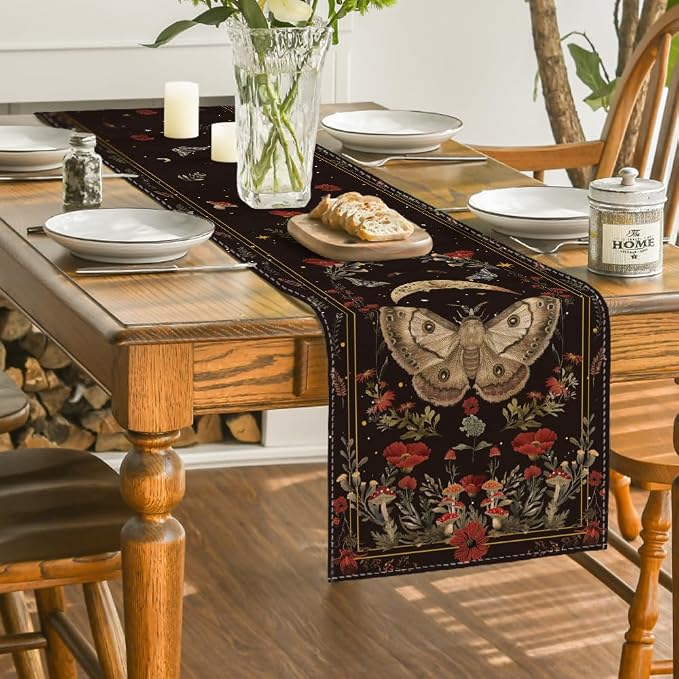 Artoid Mode Poppy Moth Mushroom Moon Fall Table Runner, Seasonal Autumn Kitchen - Image 4