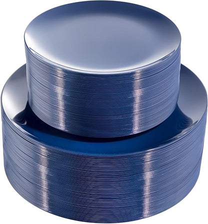 PULOTE 100PCS Blue Plastic Plates - Heavy Duty Navy Blue Disposable - Include 50PCS 10.25inch Dinner & 50PCS 7.5 inch Dessert/Salad Plates - Ideal for Party & Labor Day