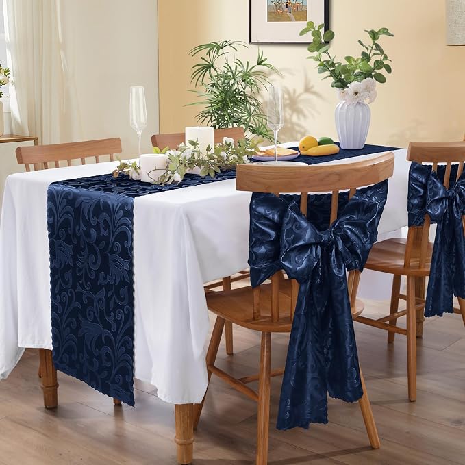 MILVOWOC 4 Pack Navy Blue Damask Table Runner, 12 x 72 Inch | Satin Jacquard - Image 5