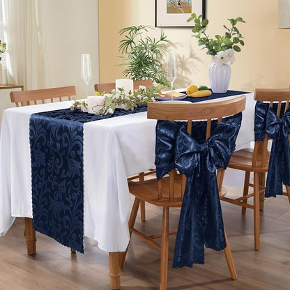 MILVOWOC 4 Pack Navy Blue Damask Table Runner, 12 x 72 Inch | Satin Jacquard - Image 5