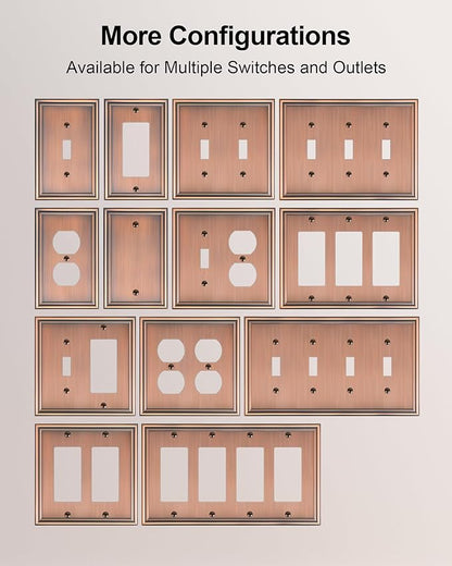 6-Pack Single Duplex Outlet Cover Plate, Decorative Antique Copper Switch Plates and Outlet Covers, Metal Wall Plates for Electrical Outlets, 1 Gang Receptacle Cover, Corrosion Resistant
