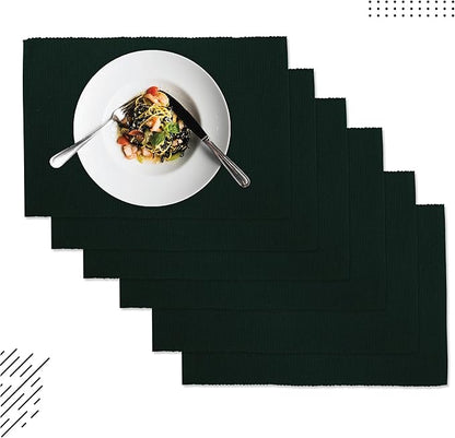 Encasa XO Dining Placemat Set of 6 | Dark Green Color | Fine Ribbed Cotton Table mat | Size 19x13 in | Machine Washable
