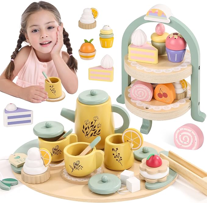 Wooden Tea Party Set for Little Girls Pretend Food Play for Toddler 3-5 | Kids by Podeddju