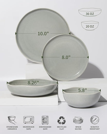 Plates and Bowls Sets, 16 Pieces Dinnerware Set for 4 with Pasta Bowls, Handmade Dishes Set, Chip Resistant Dishware Sets, Microwave Safe Dinner Set, Designed for Interactive Meals, Gray Green