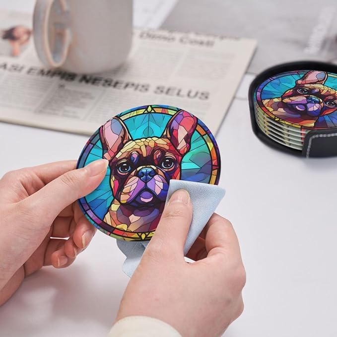 French Bulldog Stained Dog Breed Glass Art Leather Drinks Coasters - Image 4