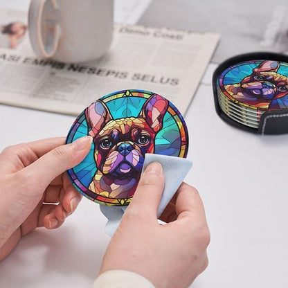 French Bulldog Stained Dog Breed Glass Art Leather Drinks Coasters - Image 4