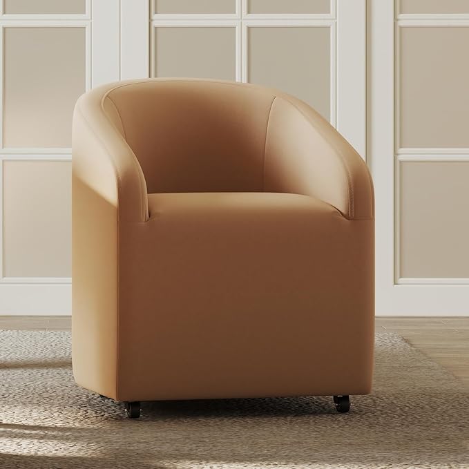Modern Barrel Dining Chairs with Rolling Casters Set of 2, Upholstered Velvet Swivel Dining Room Chairs with Wheels for Kitchen Living Room Home Office, Khaki