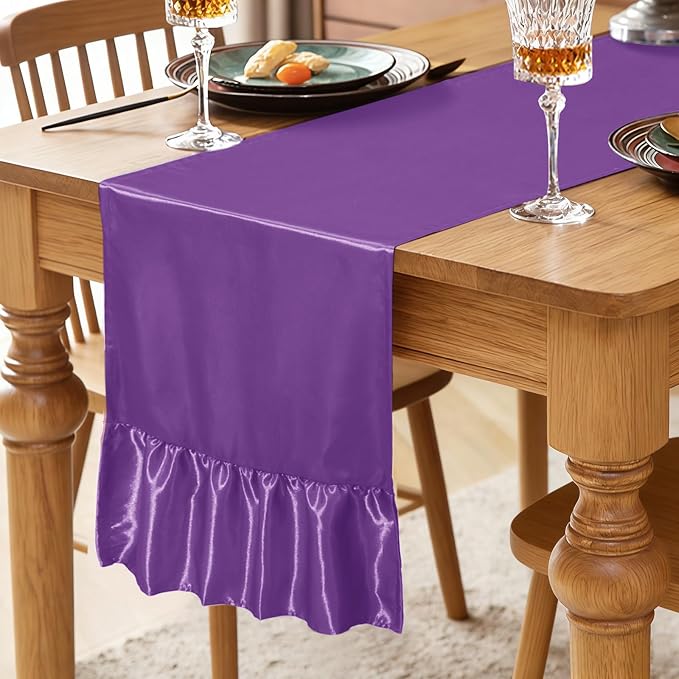 2 Pack Purple Satin Table Runner 12 x 108 Inch | Ruffle Design, Luxurious - Image 2