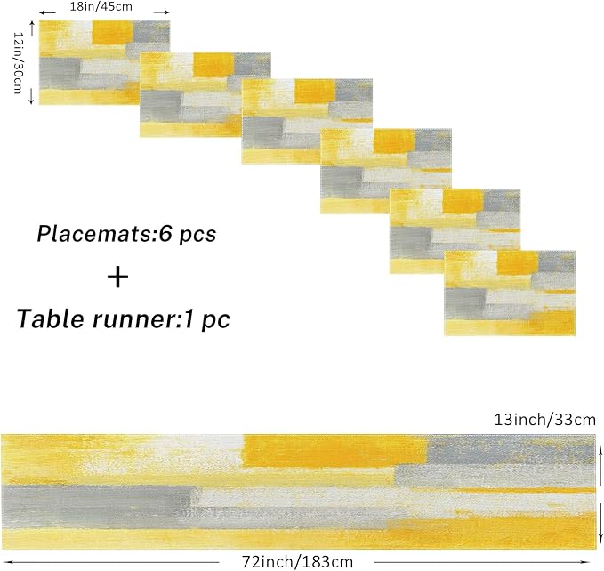 Emvency Table Runner and Placemats Set of 6, Abstract Yellow | Modern Painting - Image 2