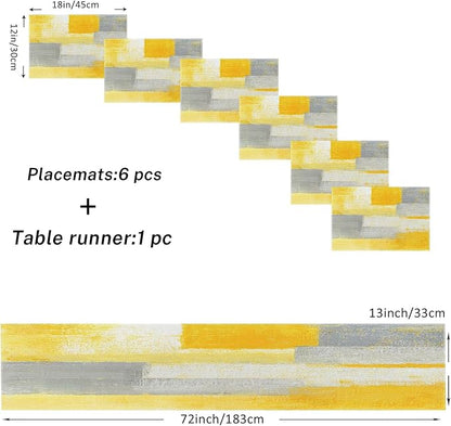Emvency Table Runner and Placemats Set of 6, Abstract Yellow | Modern Painting - Image 2