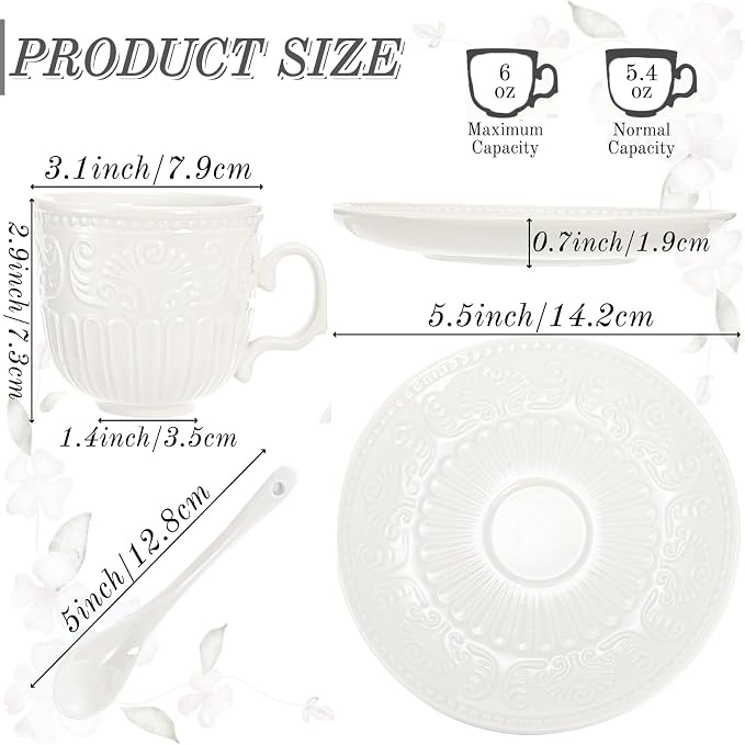 ZAVOOS Tea Cup and Saucer Set of 6, 6 Oz Small Vintage Porcelain Tea Cup - Image 2