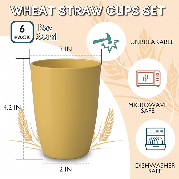 Wrova Wheat Straw Cups 6 PCS Good Alternative to Plastic Reusable Cups 12 oz - Image 2